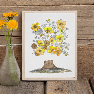Watercolor Groundhog Dreams of Spring Flowers Poster