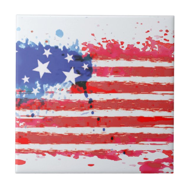 watercolor grunge American Flag Tile (Front)