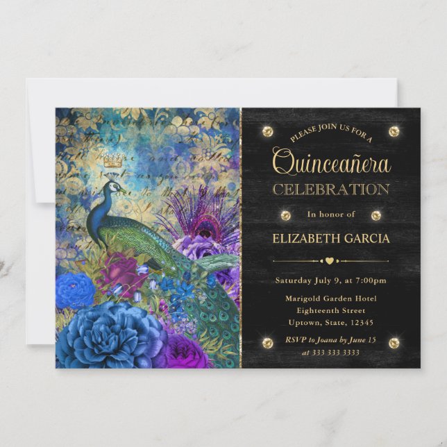 Watercolor Grunge Peacock and Flowers Quinceanera Invitation (Front)