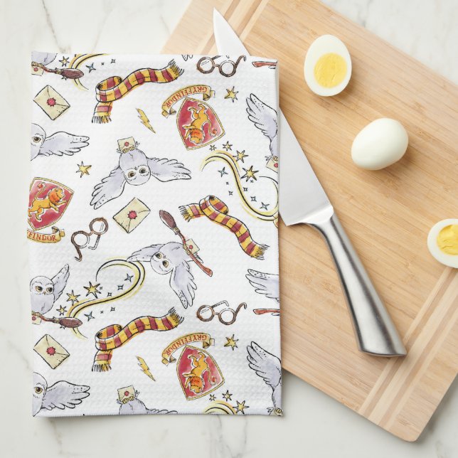 Watercolor GRYFFINDOR™ Hedwig Pattern Kitchen Towel (Quarter Fold)