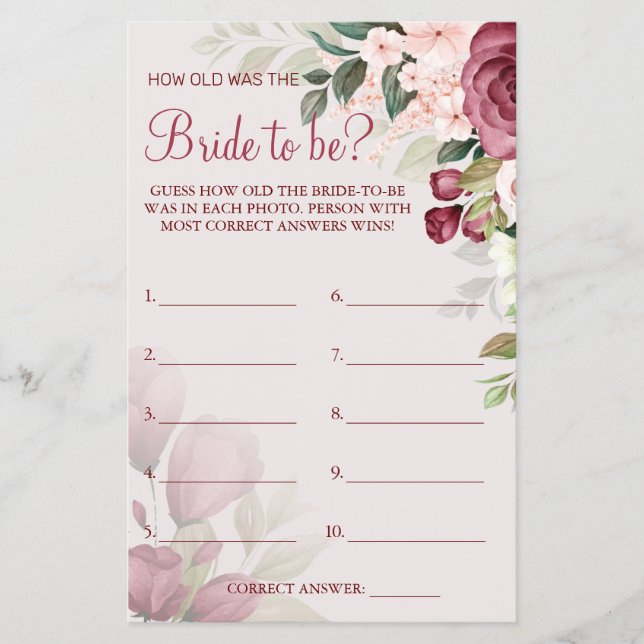 Watercolor  Guess how old was She shower game card (Front)