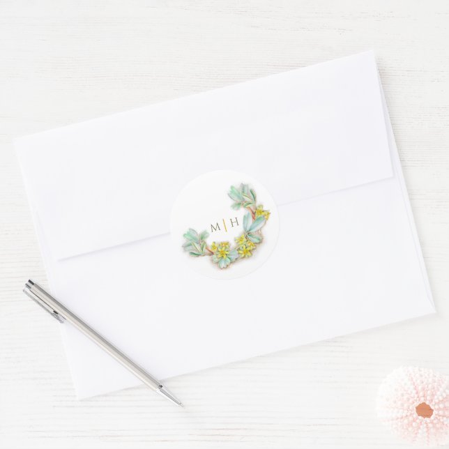 Watercolor half wreath monogram wedding sibbaldia classic round sticker (Envelope)