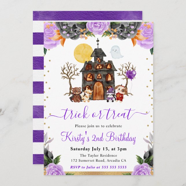 Watercolor Halloween Animals Birthday Party Invitation (Front/Back)