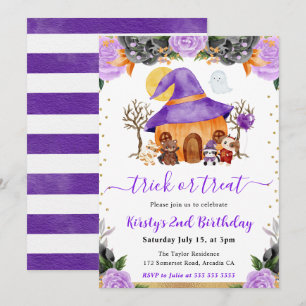 Watercolor Halloween Animals Birthday Party Invitation