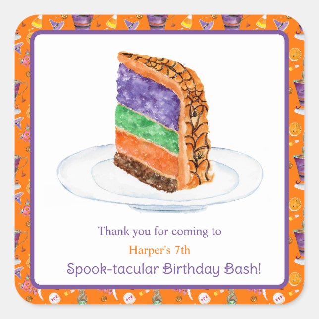 Watercolor Halloween Birthday Cake Thank You Square Sticker (Front)
