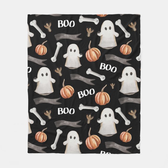 Watercolor Halloween Boo Ghost and Pumpkins Black  Fleece Blanket (Front)