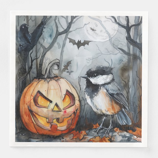 Watercolor Halloween Chickadee Bird for Decoupage Napkin (Front)