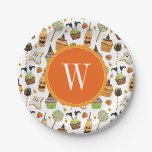 Watercolor Halloween Cupcakes and Sweets Monogram Paper Plate