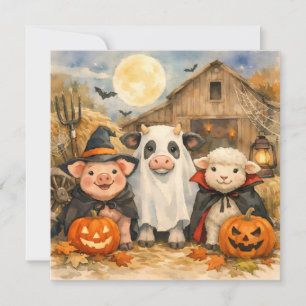 Watercolor Halloween Farm Animals by the Barn  Card