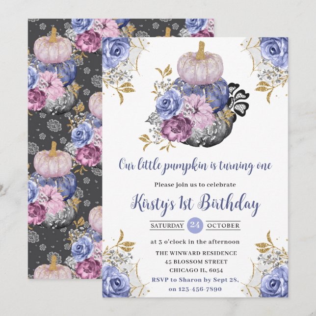 Watercolor Halloween Floral Pumpkins 1st Birthday Invitation (Front/Back)
