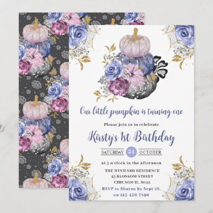 Watercolor Halloween Floral Pumpkins 1st Birthday Invitation