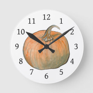 Watercolor Halloween Harvest Pumpkin Round Clock