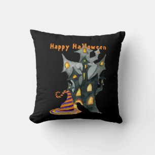 Watercolor Halloween House & Hat Throw Pillow