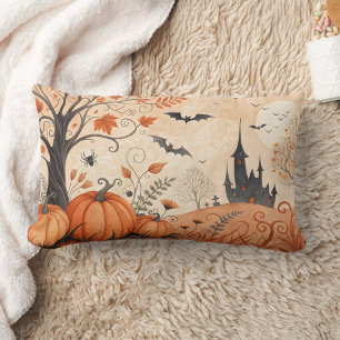 watercolor halloween hunted house with pumpkin lumbar pillow
