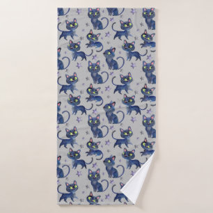 Watercolor Halloween illustration with black cats Bath Towel