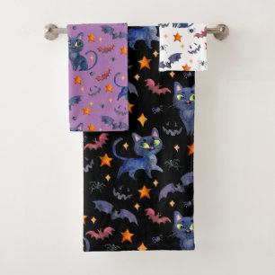 Watercolor Halloween illustration with black cats Bath Towel Set