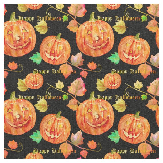 Watercolor Halloween Pumpkin Fabric (Close Up)
