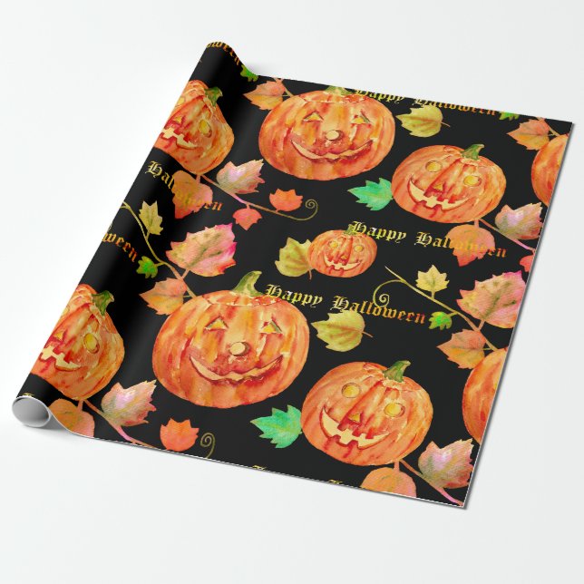 Watercolor Halloween Pumpkin Wrapping paper (Unrolled)