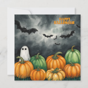 Watercolor Halloween Pumpkins and Ghost Card
