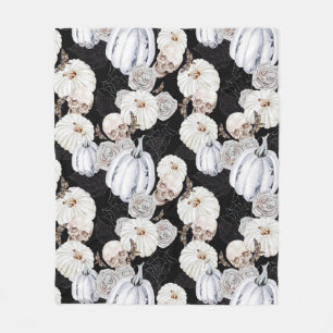Watercolor Halloween Pumpkins Skulls Black White Fleece Blanket