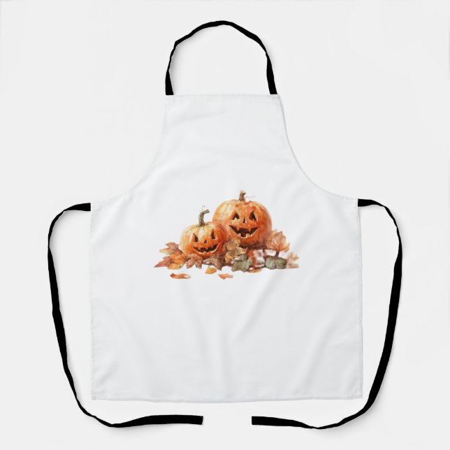 Watercolor Halloween Pumpkins with Autumn Leaves O Apron (Front)