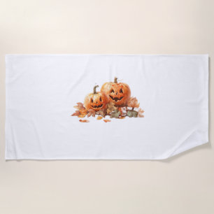 Watercolor Halloween Pumpkins with Autumn Leaves O Beach Towel