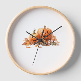 Watercolor Halloween Pumpkins with Autumn Leaves O Clock