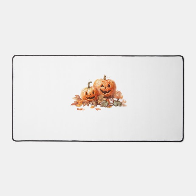 Watercolor Halloween Pumpkins with Autumn Leaves O Desk Mat (Front)