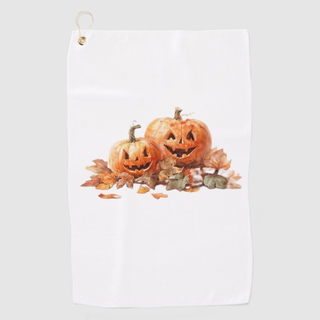Watercolor Halloween Pumpkins with Autumn Leaves O Golf Towel (Front)