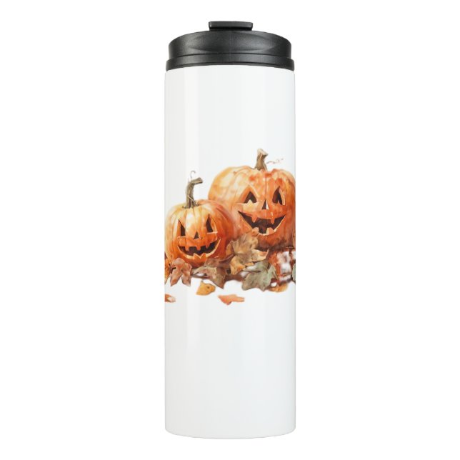 Watercolor Halloween Pumpkins with Autumn Leaves O Thermal Tumbler (Front)