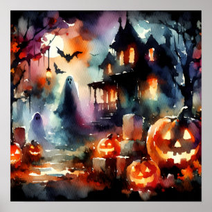 Watercolor Halloween Scene Poster