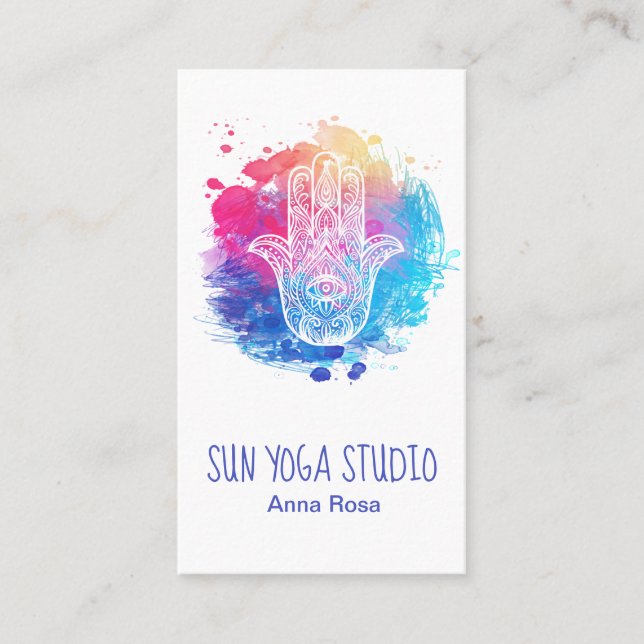 *~* Watercolor Hamsa Hand Yoga Sacred Business Card (Front)