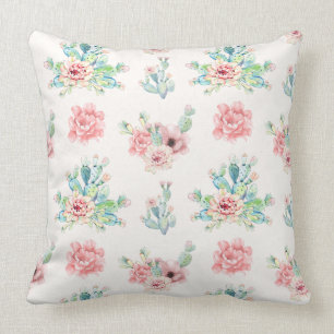 Watercolor Hand Draw Exotic Cacti Set With Flowers Throw Pillow