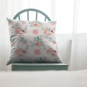 Watercolor Hand Draw Exotic Cacti Set With Flowers Throw Pillow