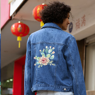 Watercolor Hand Draw Exotic Cacti With Flowers Denim Jacket