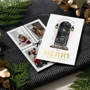 Watercolor Hand Drawn Black Door Christmas Wreath Foil Holiday Card