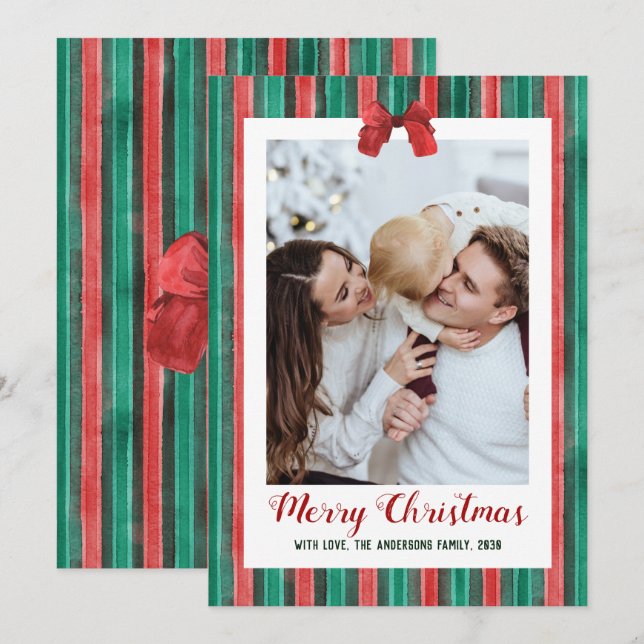 Watercolor Hand Drawn Bow Stripes Christmas Photo Holiday Card (Front/Back)
