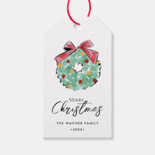 Watercolor Hand Drawn Christmas Wreath Gift Tags
