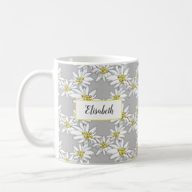 Watercolor Hand-Drawn Edelweiss Personalized Coffee Mug (Left)