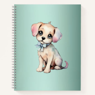 Watercolor Hand Drawn Puppy With Powder Blue Bow Notebook