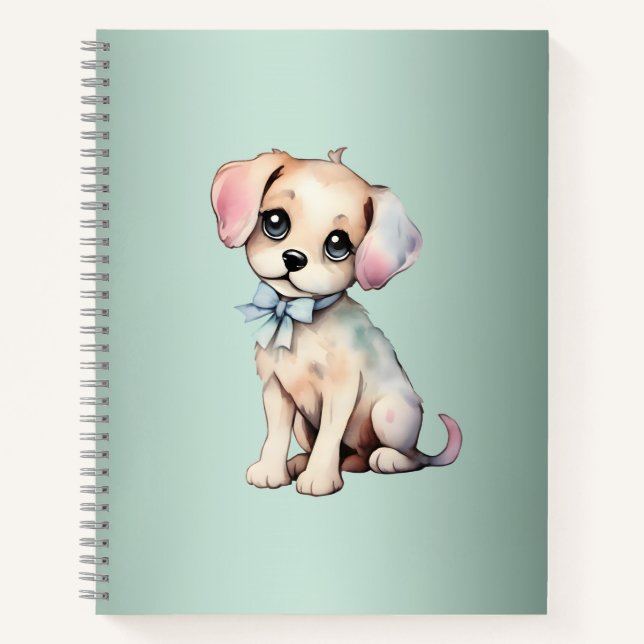 Watercolor Hand Drawn Puppy With Powder Blue Bow Notebook (Front)