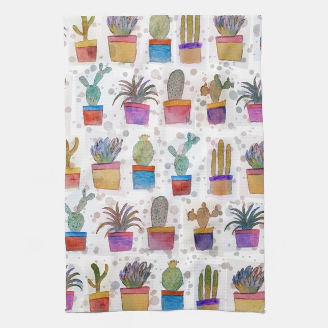 Watercolor hand paint cactus pattern kitchen towel (Vertical)