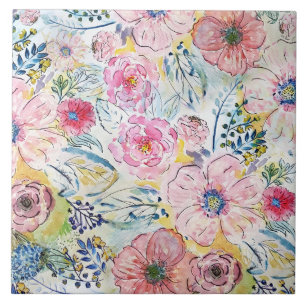 Watercolor hand paint floral design tile
