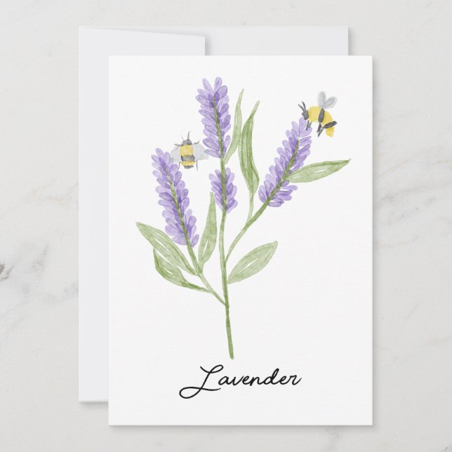Watercolor Hand-painted Lavender Flowers And Bees Invitation (Front)