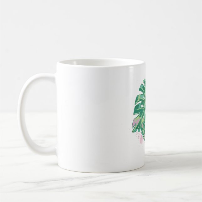 Watercolor Hand-painted Monstera Leaves Coffee Mug (Left)