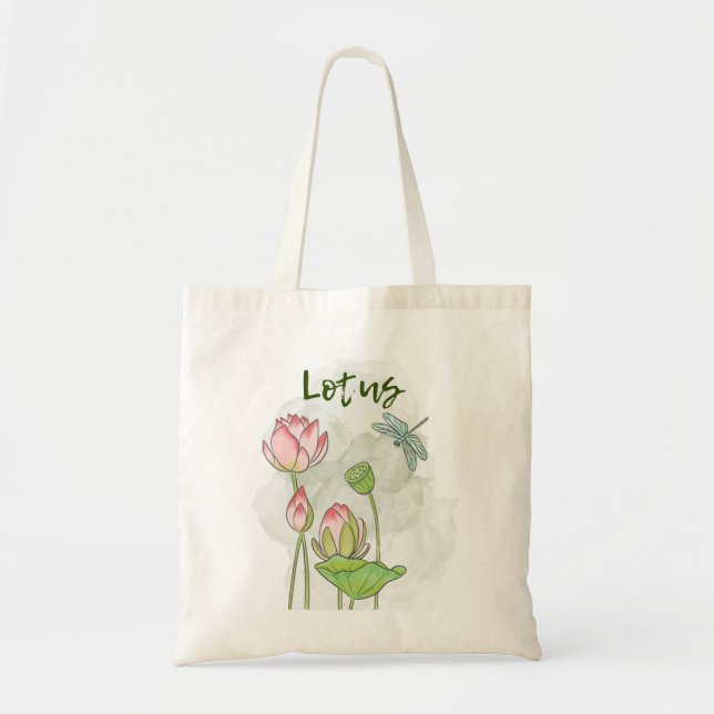 Watercolor Hand-painted Pink Lotus Blooming Tote Bag (Front)