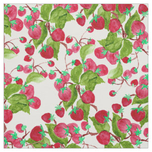 Watercolor hand painted red green strawberries fabric