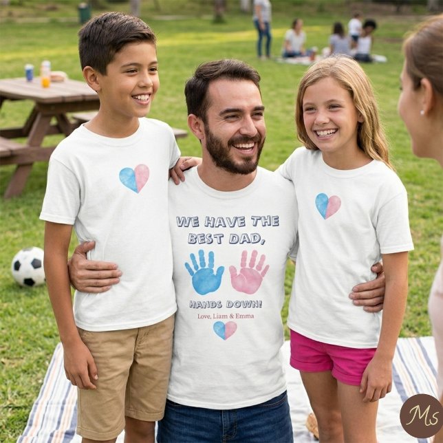 Watercolor Handprint Best Dad Hands Down Tshirt (Matching father and kids Father's Day shirts featuring custom watercolor handprints and cute heart.)
