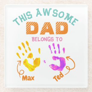 Watercolor Handprinted Father Dad Son Child Gift Glass Coaster