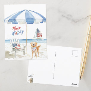 Watercolor Happy 4th of July Beach Patriotic Dog  Postcard